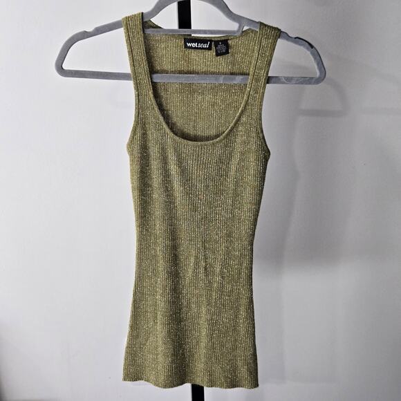 Y2K West Seal Gold Lurex Tank Top Long Layering Bodycon Small Stretchy Ribbed - Picture 1 of 5